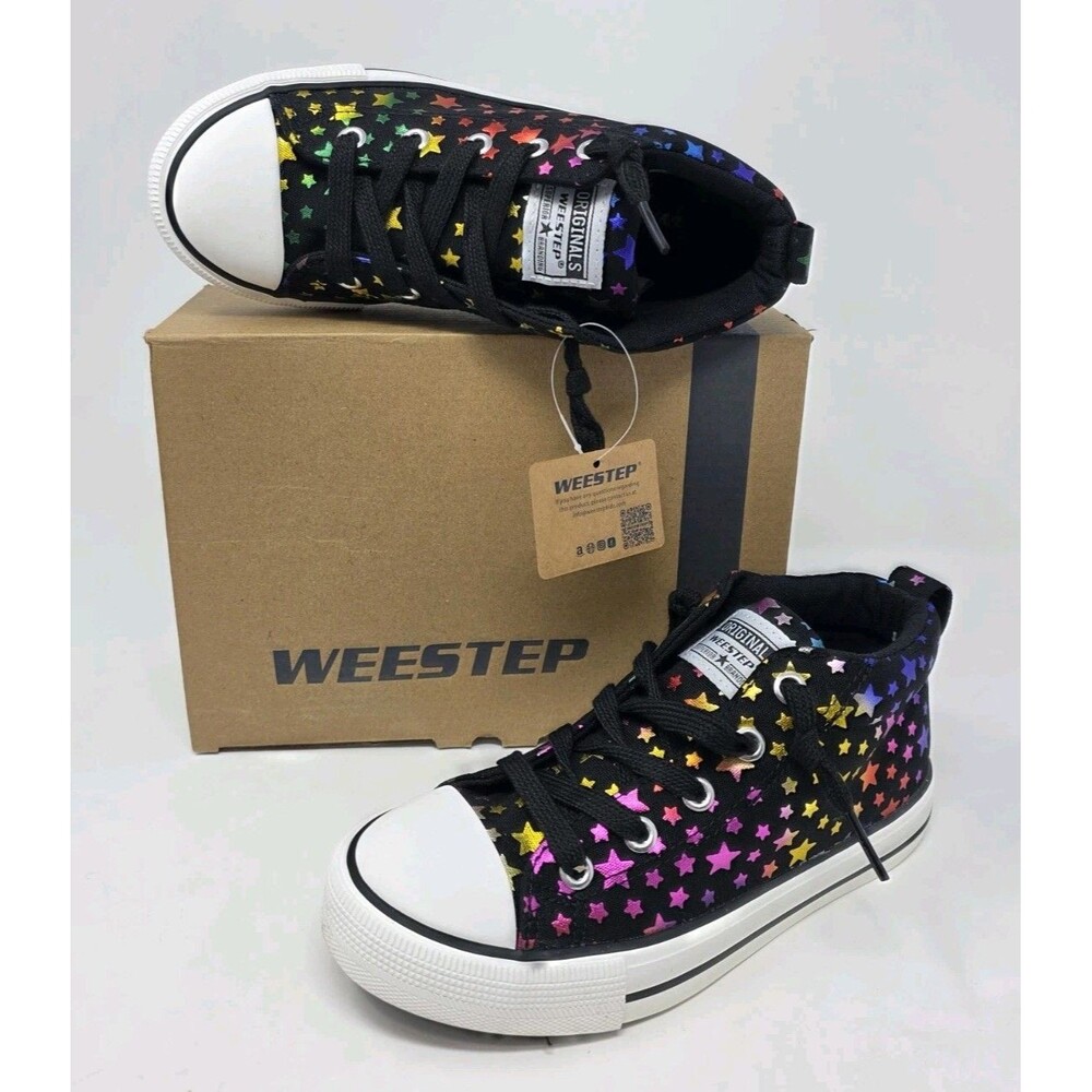 Weestep Kids Metallic Rainbow Star Print High Top Canvas Sneakers Size 1 Black - Picture 6 of 14